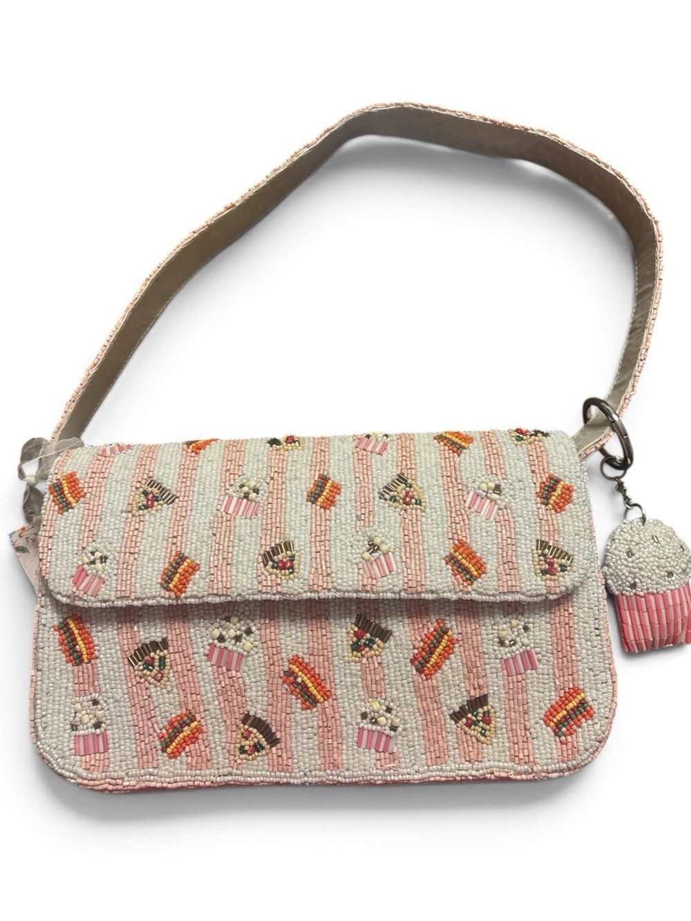 Beaded Pink Cupcake Pizza Burger Crossbody Bag with Charm